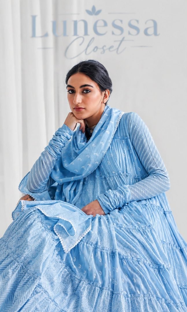 Elegant Sky Blue Printed Long Dress with Dupatta