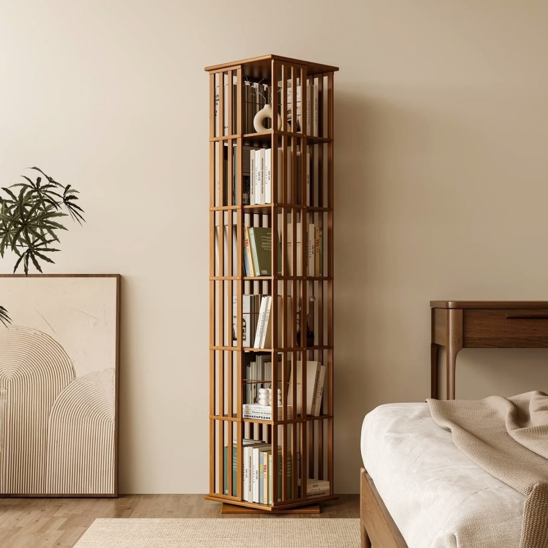 WOODEN 360° ROTATING BOOKSHELF WITH STORAGE CABINETS