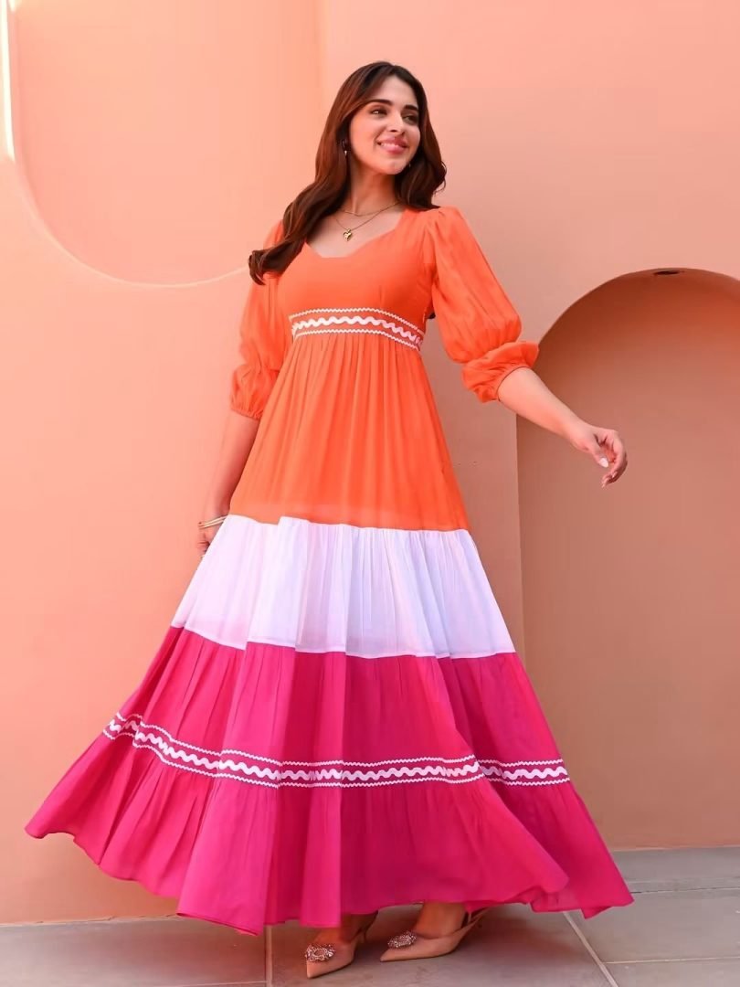 Elegant Three-Tone Tiered Long Dress