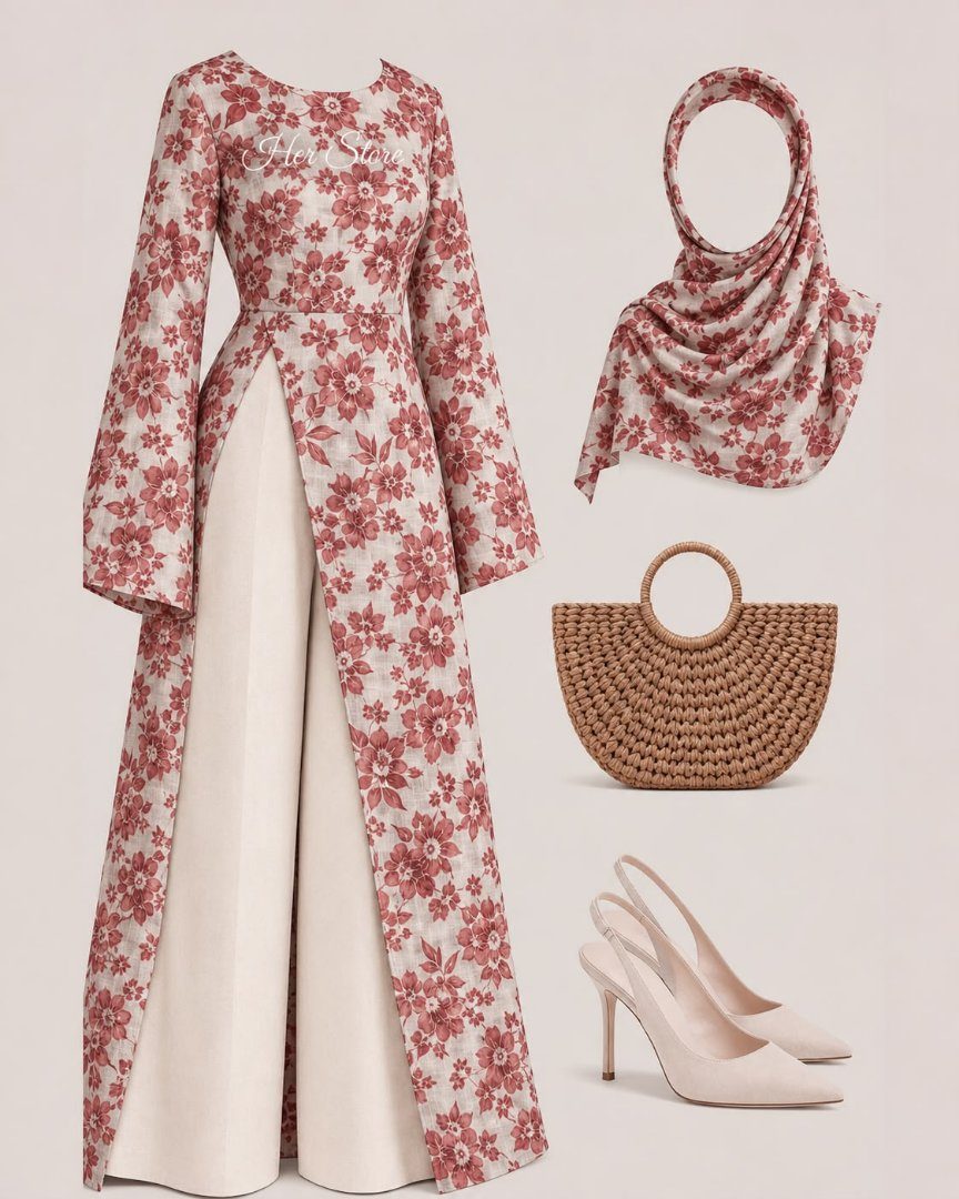 Beautiful Turkish Set 🍂✨🧶 Liberty Cotton Hijab / Scarf Liberty Cotton silted Gown CEY Cotton Pant Full Set Price : 3,000 — photo 3