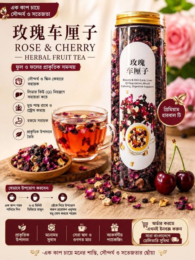 🌹🍒 ROSE & CHERRY HERBAL FRUIT TEA — সৌন্দর্য ও সতেজতার এক কাপ আনন্দ!