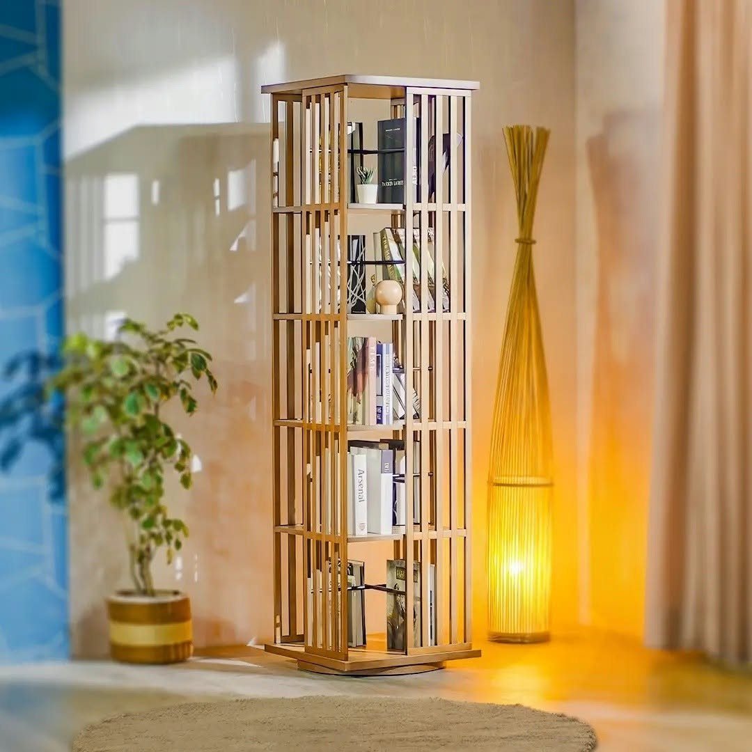 WOODEN 360° ROTATING BOOKSHELF WITH STORAGE CABINETS