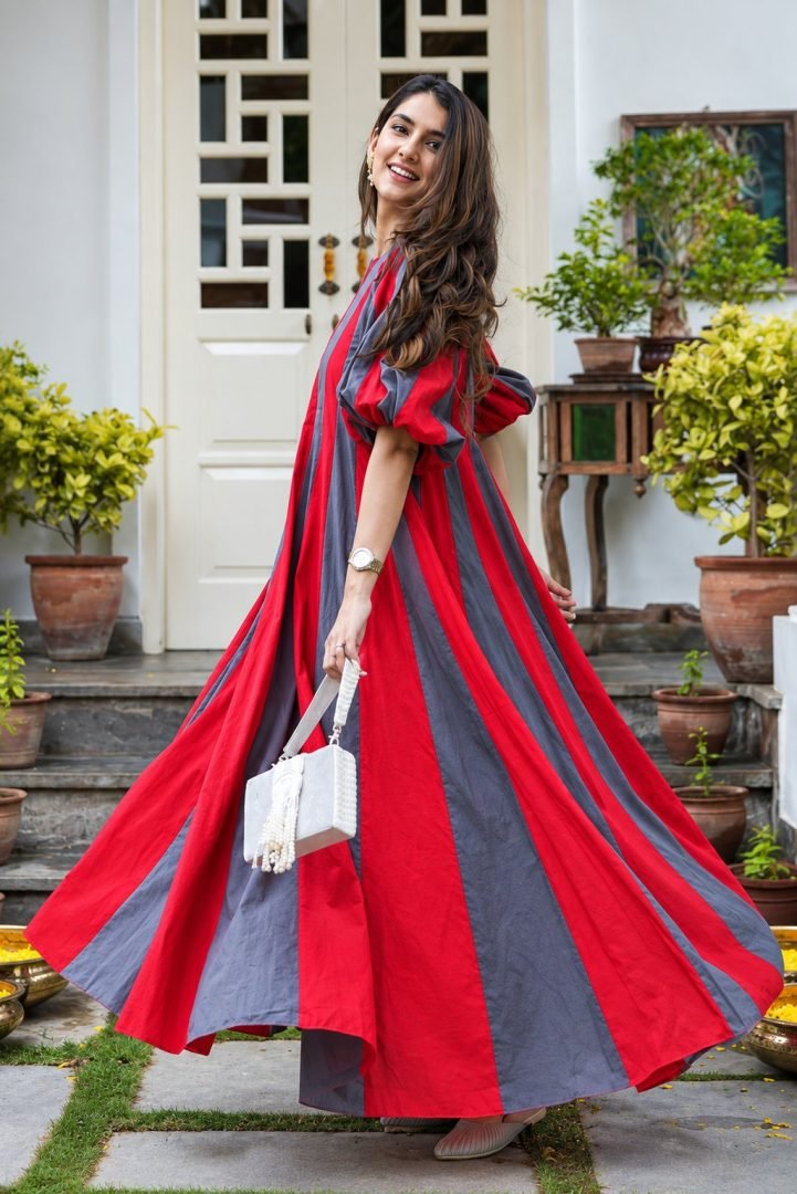 Red & Grey Striped Flared Maxi Dress