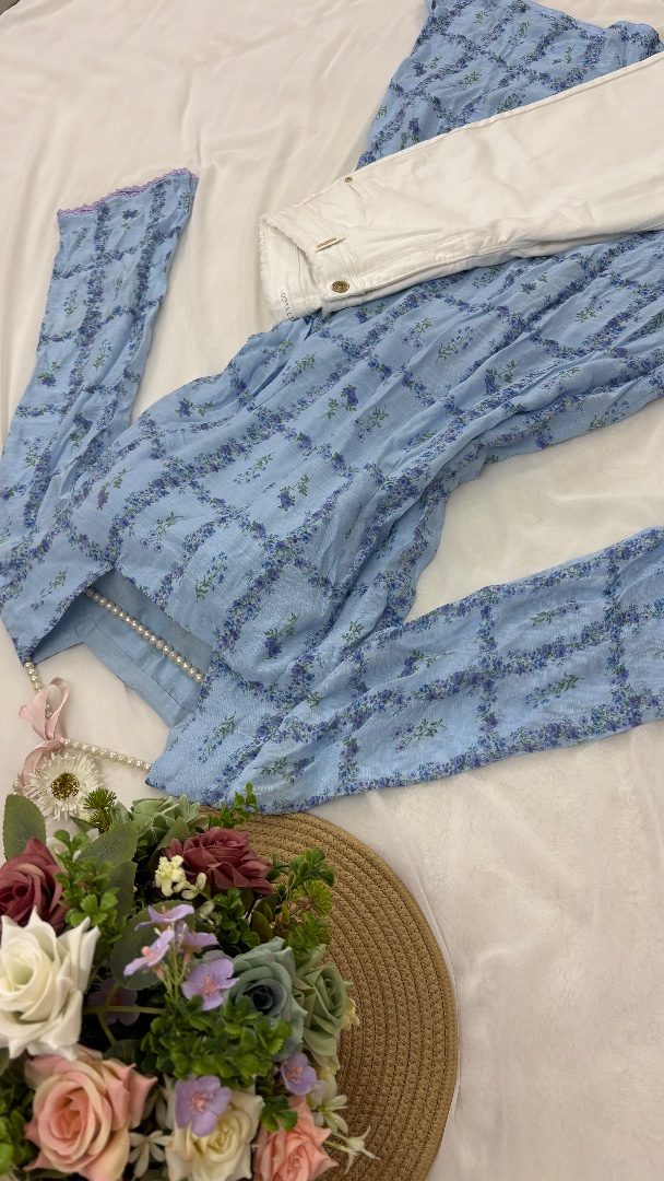 Blue Floral Tunic & Denim Pant Set