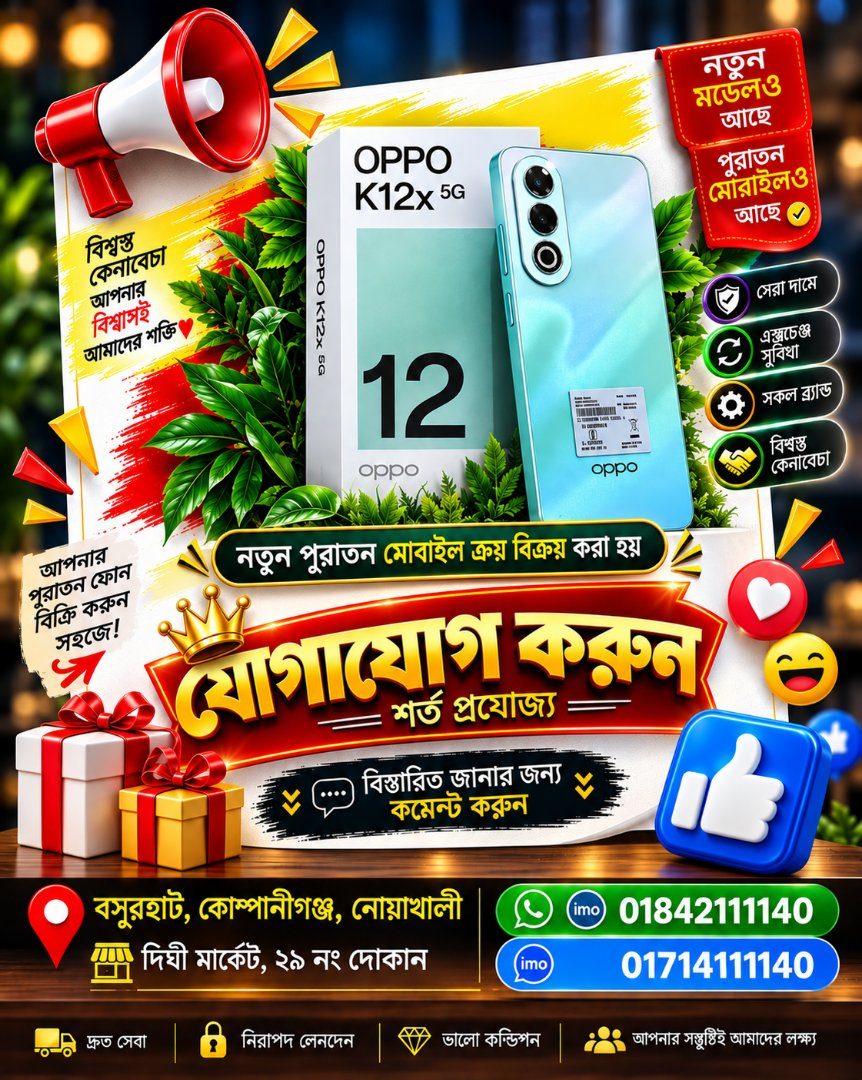 🔥 OPPO K12x 5G 🔥 💎 স্টাইলিশ ডিজাইন • স্মার্ট লুক • 5G পারফরম্যান্স!