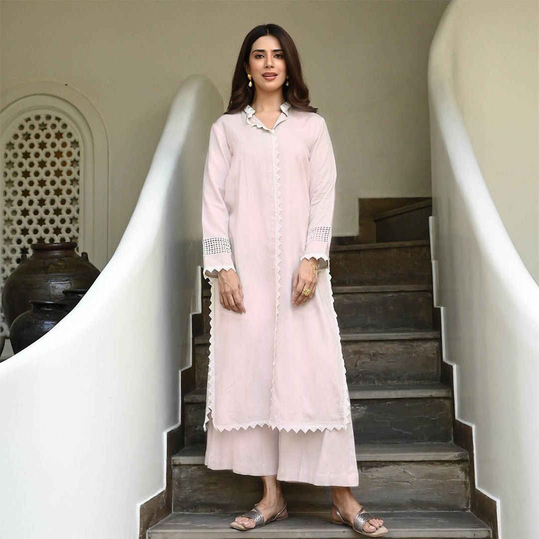 Elegant Light Pink 2-Piece Dress with Lace Work