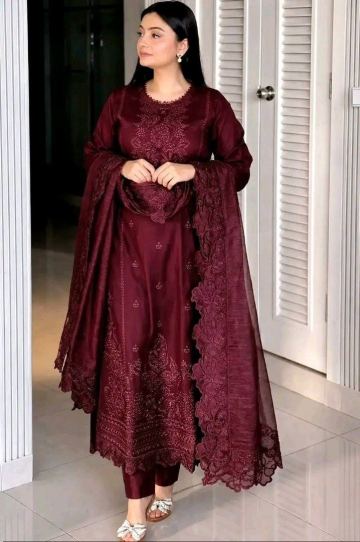 Premium Embroidered Soft Cotton Three-Piece Set with Georgette — Online Super Shop